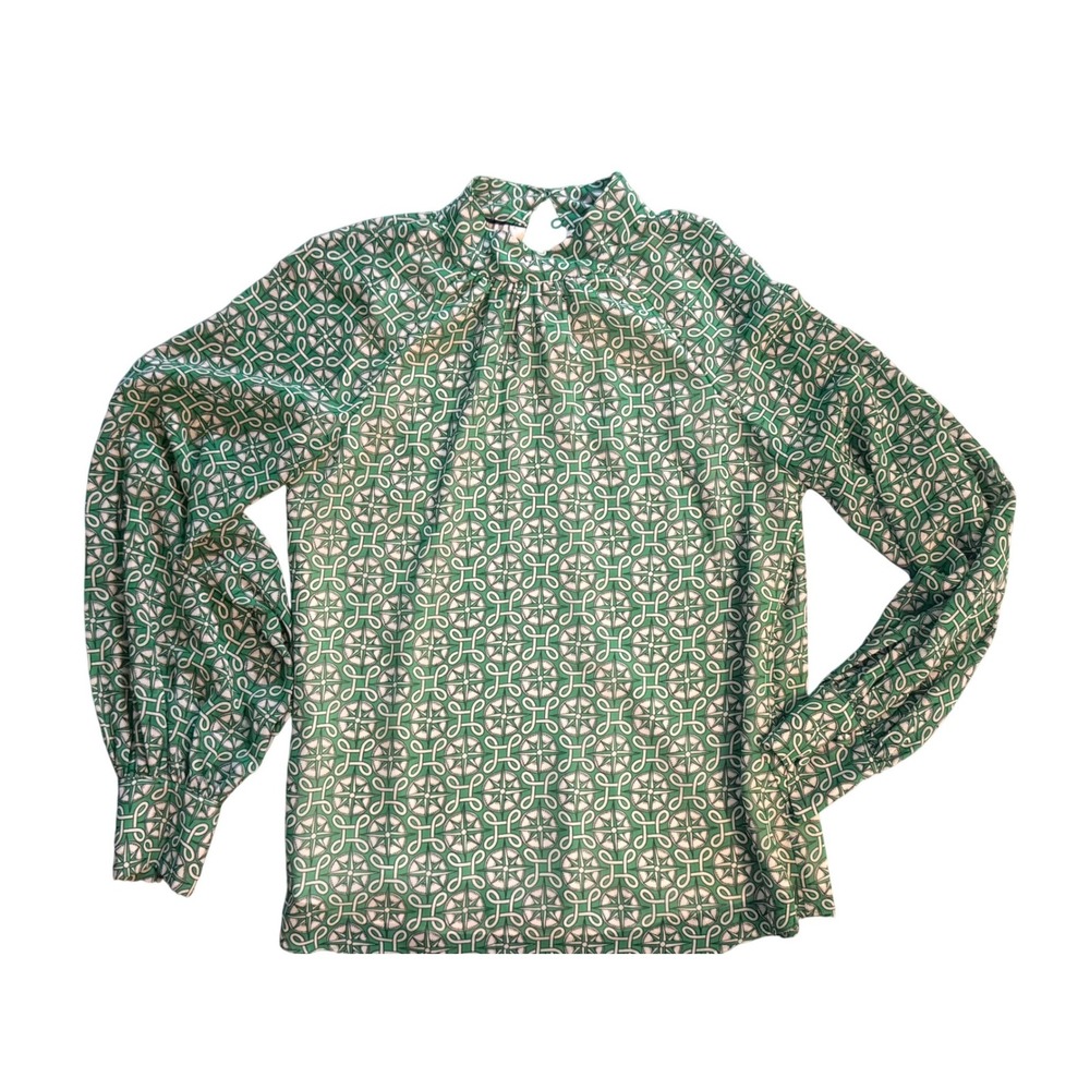 Boden Green Geometric Compass Print Mock Neck Blouse Long Sleeve Size US 4